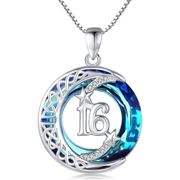 Sterling Silver Celtic Moon & Star Necklace with Blue Crystal for 16th Birthday - Picture 1 of 7
